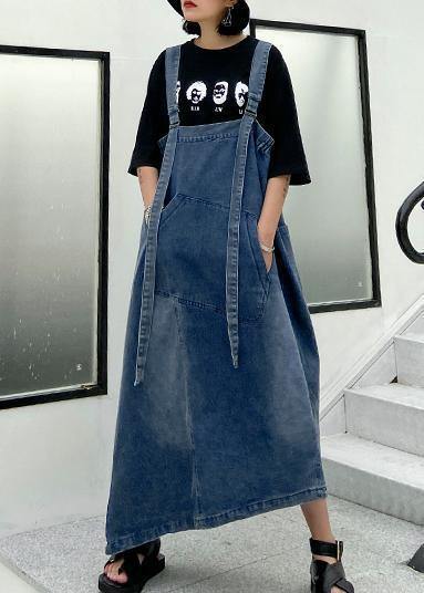 Handmade denim blue cotton sleeveless pockets cotton robes summer Dresses - SooLinen