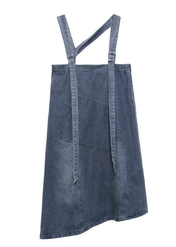 Handmade denim blue cotton sleeveless pockets cotton robes summer Dresses - SooLinen