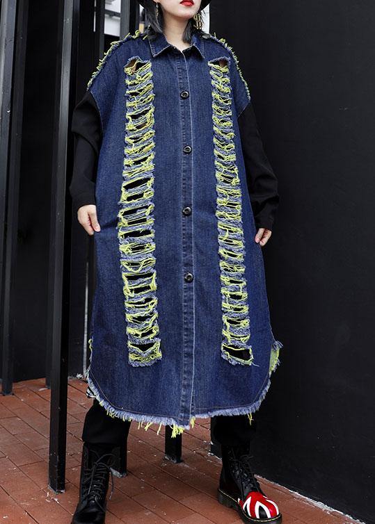 Handmade denim blue patchwork sleeve fine coats women Photography Hollow Out fall coats - SooLinen