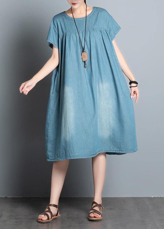 Handmade denim blue quilting clothes o neck patchwork daily summer Dress - SooLinen