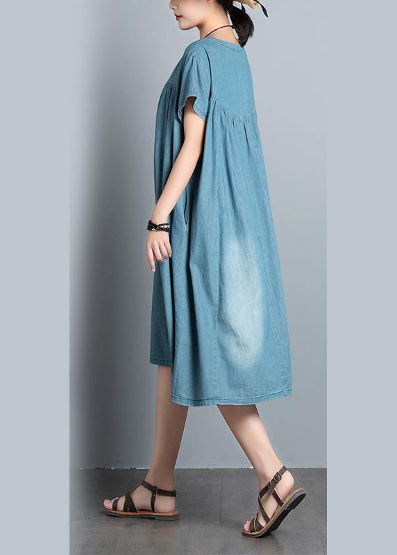 Handmade denim blue quilting clothes o neck patchwork daily summer Dress - SooLinen