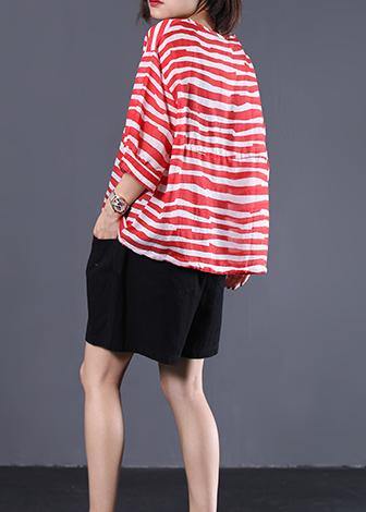 Handmade drawstring hem cotton tunics for women Sleeve red striped shirts summer - SooLinen