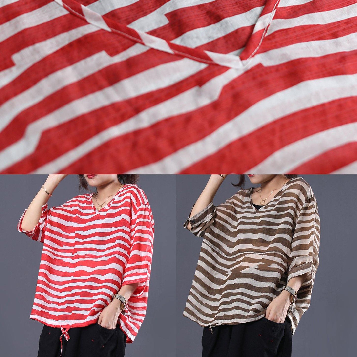 Handmade drawstring hem cotton tunics for women Sleeve red striped shirts summer - SooLinen