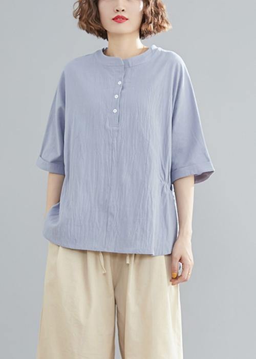 Handmade light blue linen linen tops women blouses Work Button Down elastic waist shirts - SooLinen