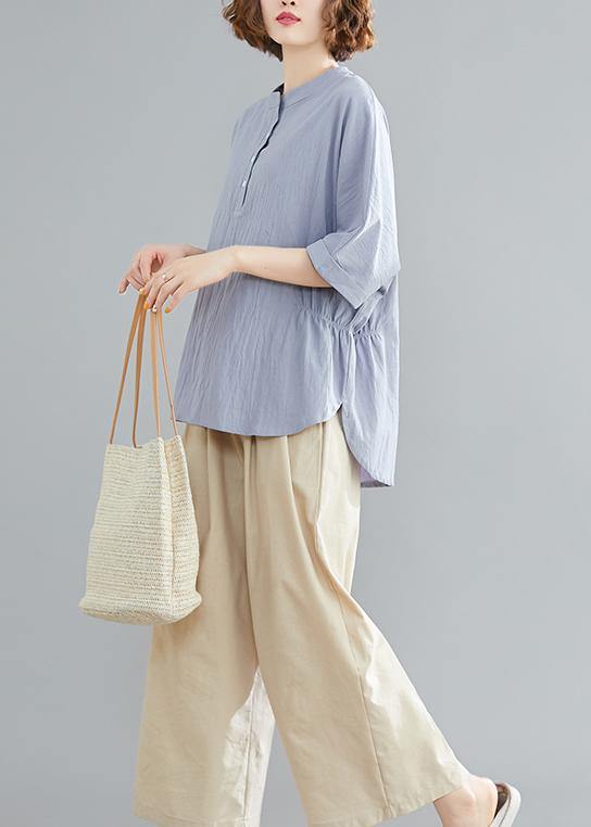 Handmade light blue linen linen tops women blouses Work Button Down elastic waist shirts - SooLinen