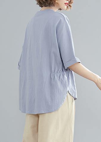 Handmade light blue linen linen tops women blouses Work Button Down elastic waist shirts - SooLinen