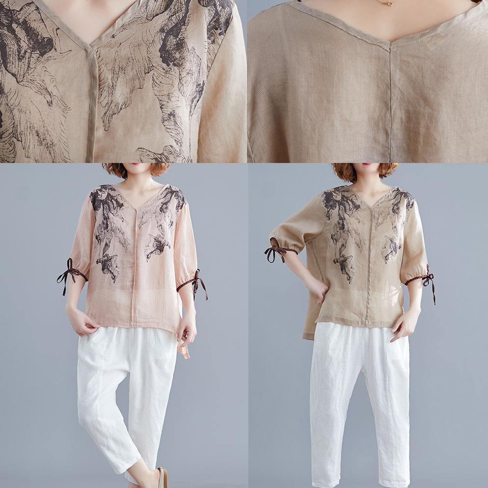 Handmade light pink print cotton linen Blouse v neck side open summer top - SooLinen