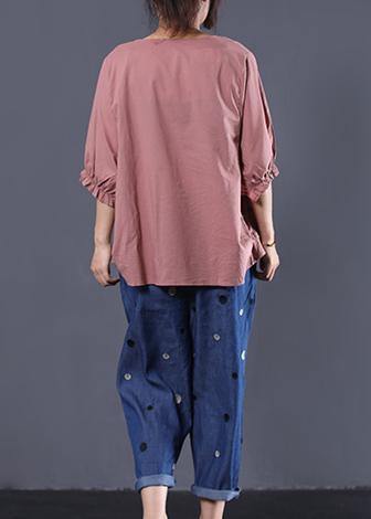 Handmade o neck cotton Long Shirts Inspiration pink prints top summer - SooLinen