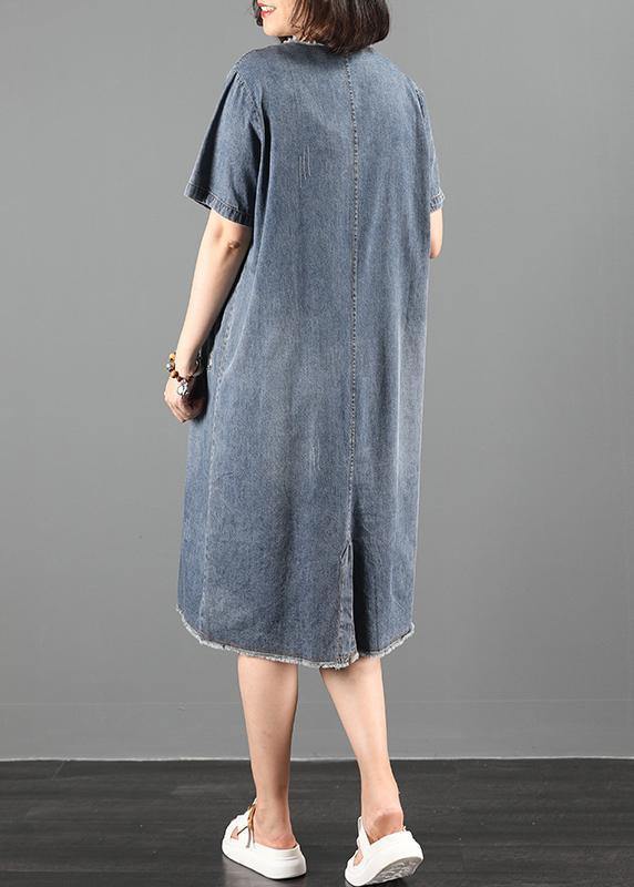 Handmade o neck pockets Wardrobes Fabrics denim blue Dresses - SooLinen