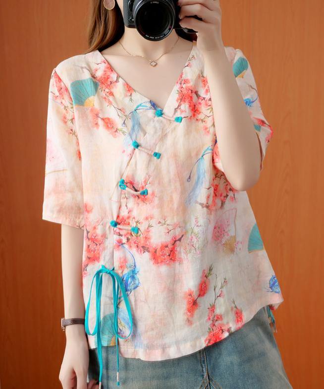 Handmade v neck half sleeve summer tops women floral shirts - SooLinen