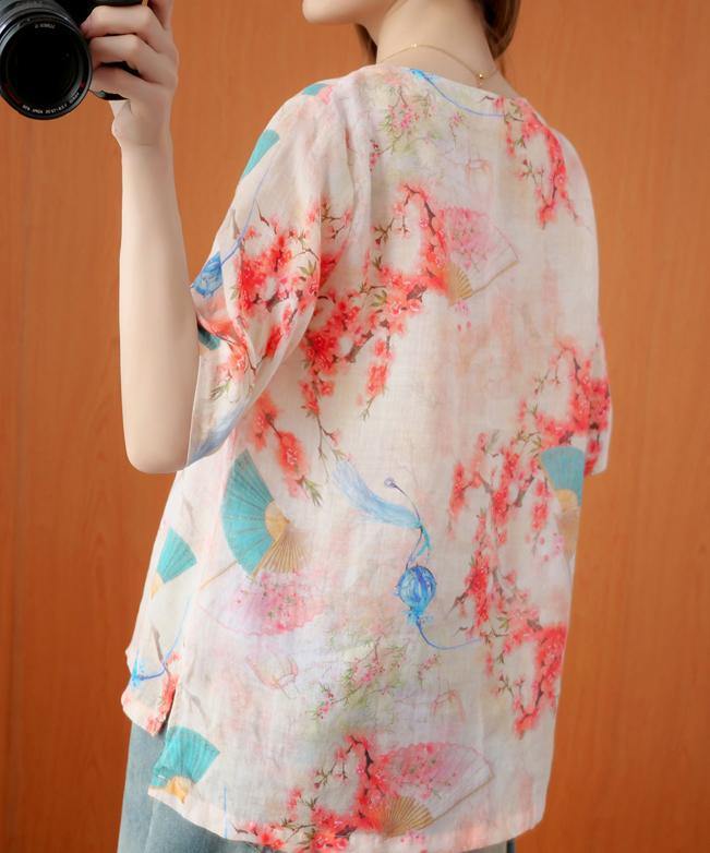 Handmade v neck half sleeve summer tops women floral shirts - SooLinen