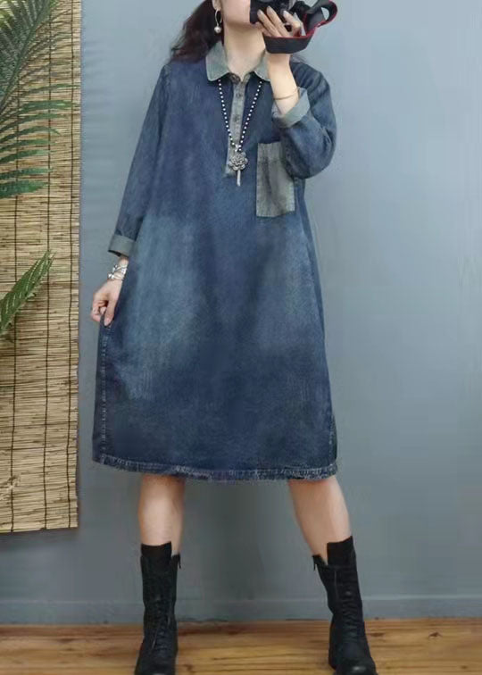 Robes en jean patchwork bleu en V Blue à la main hiver