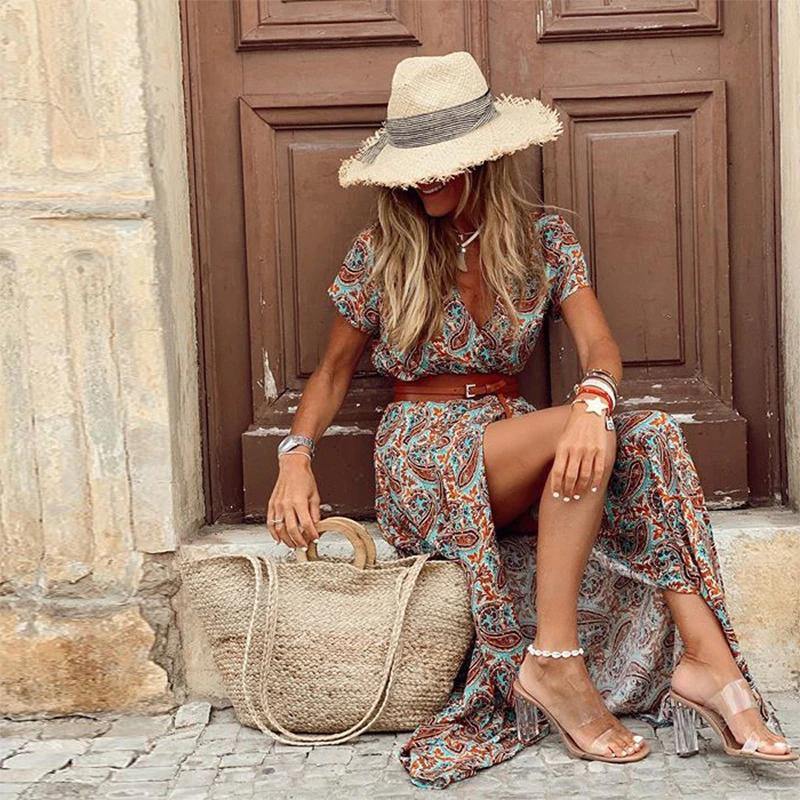 Summer Beach Maxi Dress Women Floral Print Boho Long Dress Casual V-Neck Split Sexy Party Dress Robe Femme - SooLinen