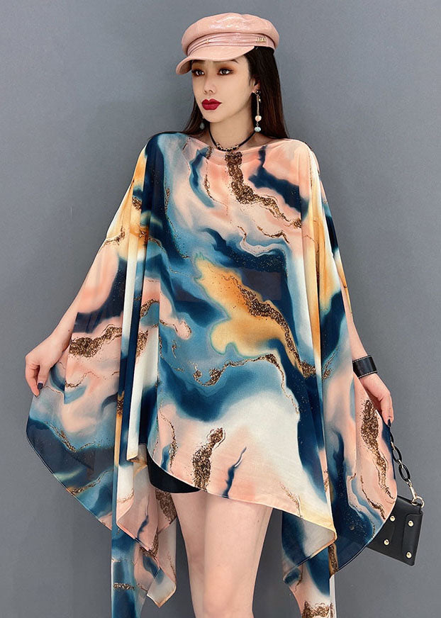 Italian Asymmetrical Design Tie Dye Chiffon Tops Batwing Sleeve