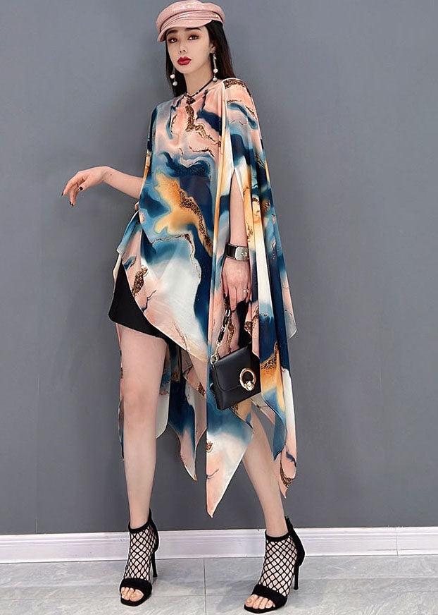 Italian Asymmetrical Design Tie Dye Chiffon Tops Batwing Sleeve