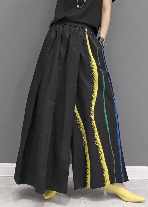 Italian Black Asymmetrical Print Cotton Wide Leg Pants Spring