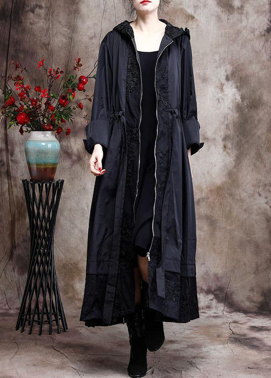 Italian Black Embroidery Plus Size Coat Hooded Maxi Coats - SooLinen