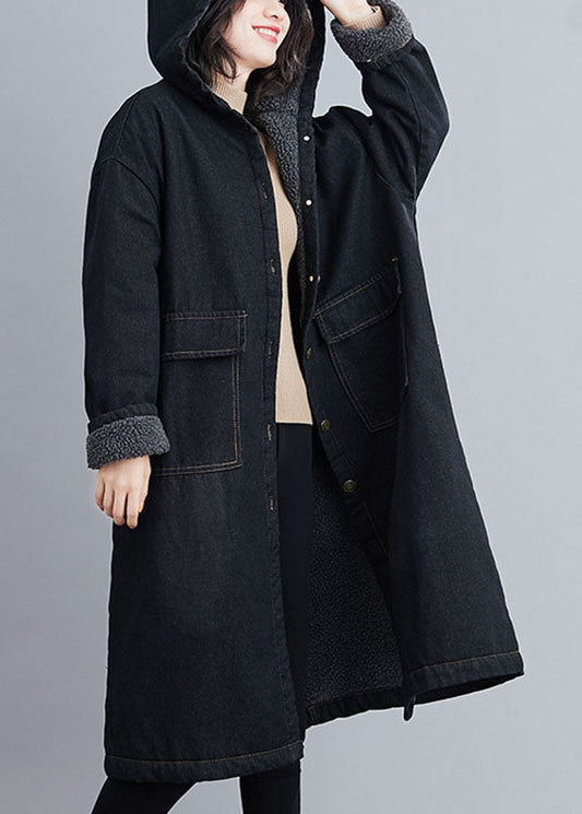 Poches à capuche noire italienne Parka en denim hivernal doublé de laine en poche