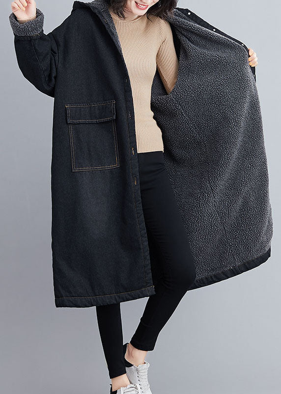 Poches à capuche noire italienne Parka en denim hivernal doublé de laine en poche