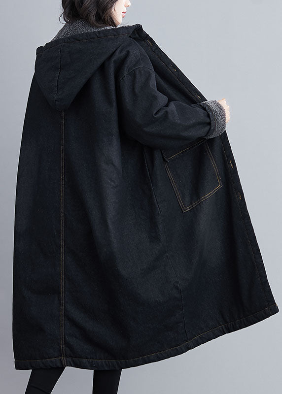 Poches à capuche noire italienne Parka en denim hivernal doublé de laine en poche