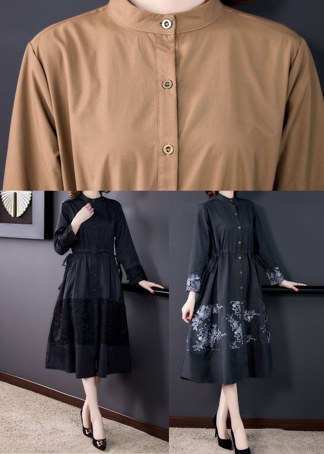 Italian Black Stand Collar Embroideried Patchwork Cotton Trench Long Sleeve