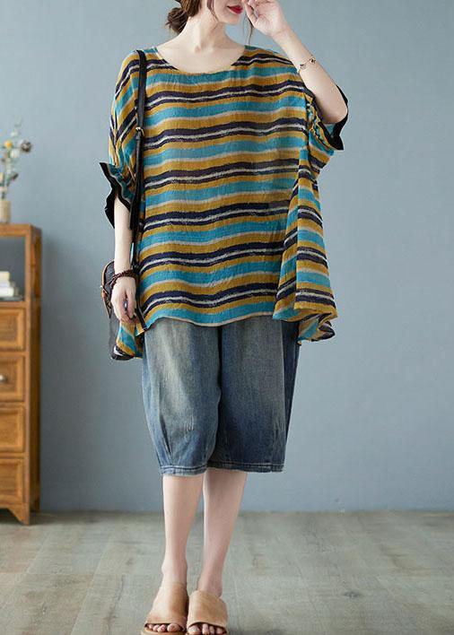 Italian Blue Asymmetric Striped Tee Batwing Sleeve - SooLinen