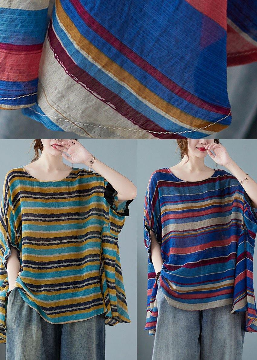 Italian Blue Asymmetric Striped Tee Batwing Sleeve - SooLinen