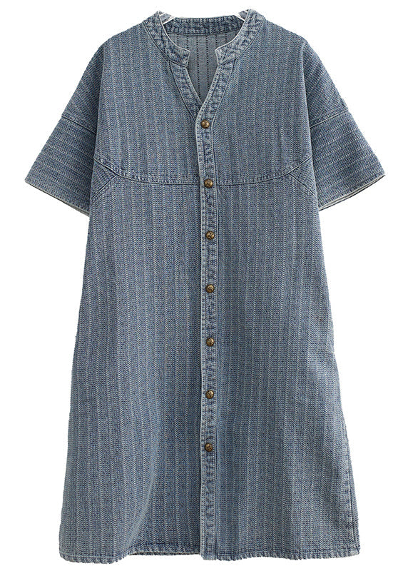 Italien Blue Grey Stand Col Collier de chemise en jean rayé Summer