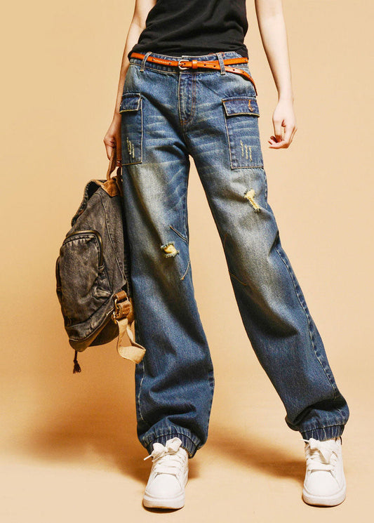 Italien Blue High Tay Hole Pockets Cotton Denim Pantal