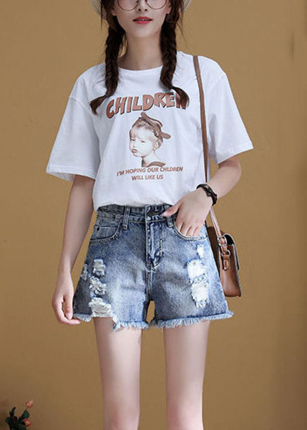 Italien Blue High Tay Hole Pockets Side Open Cotton Denim Shorts Summer