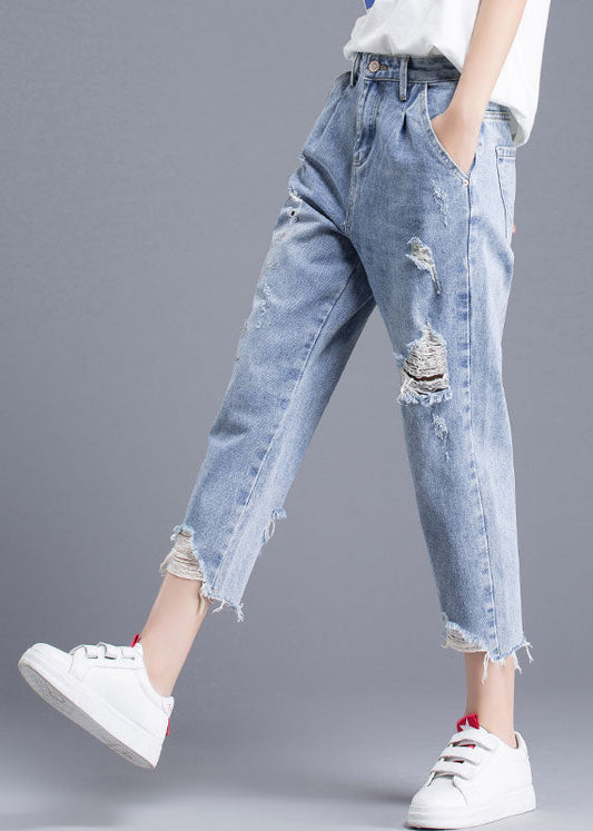 Italian Blue High Waist Letter Embroideried Hole Cotton Denim Crop Pants Summer