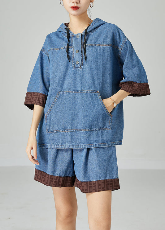 Italien Blue Honed Patchwork Denim Deux pièces Set Summer