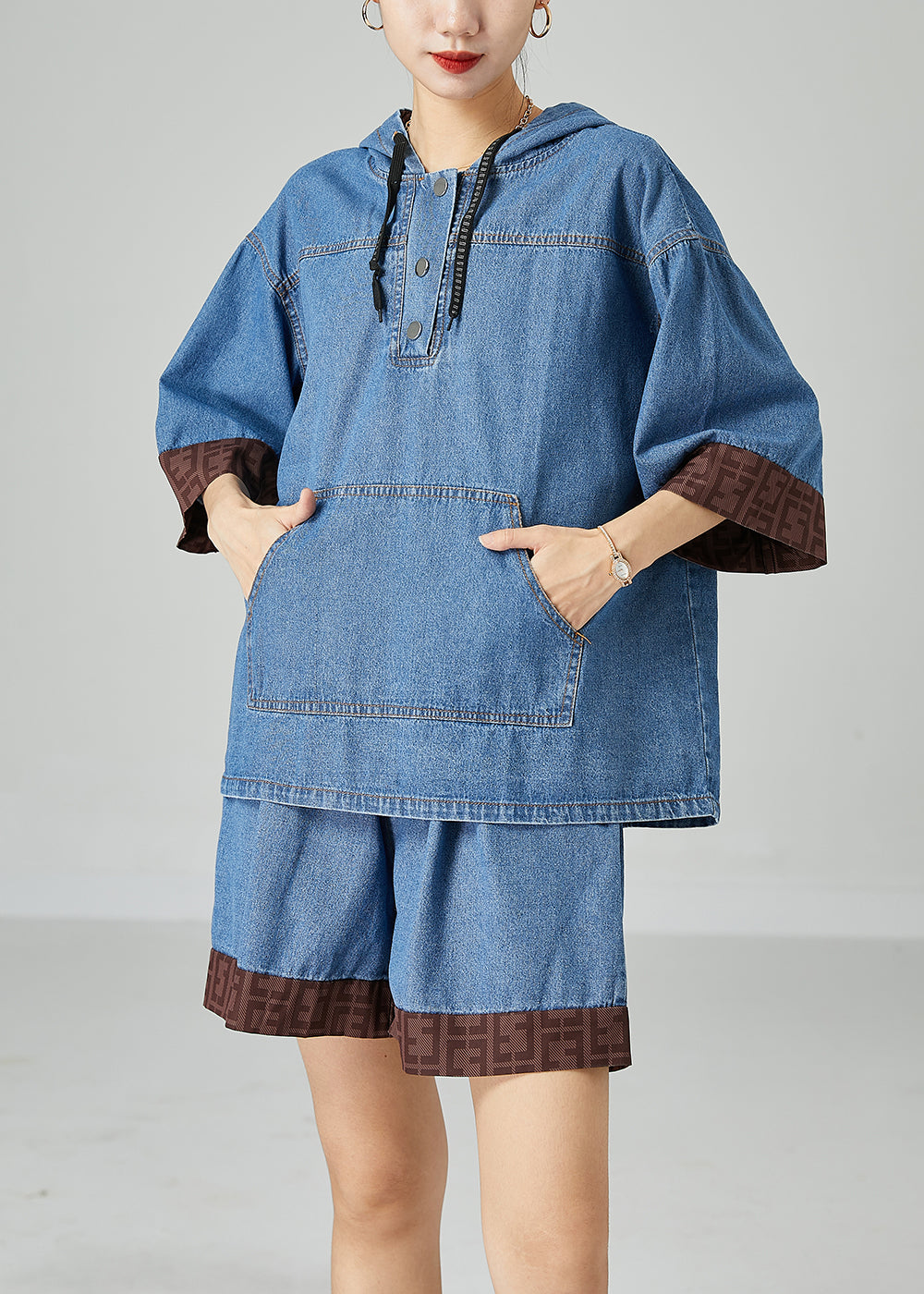 Italien Blue Honed Patchwork Denim Deux pièces Set Summer