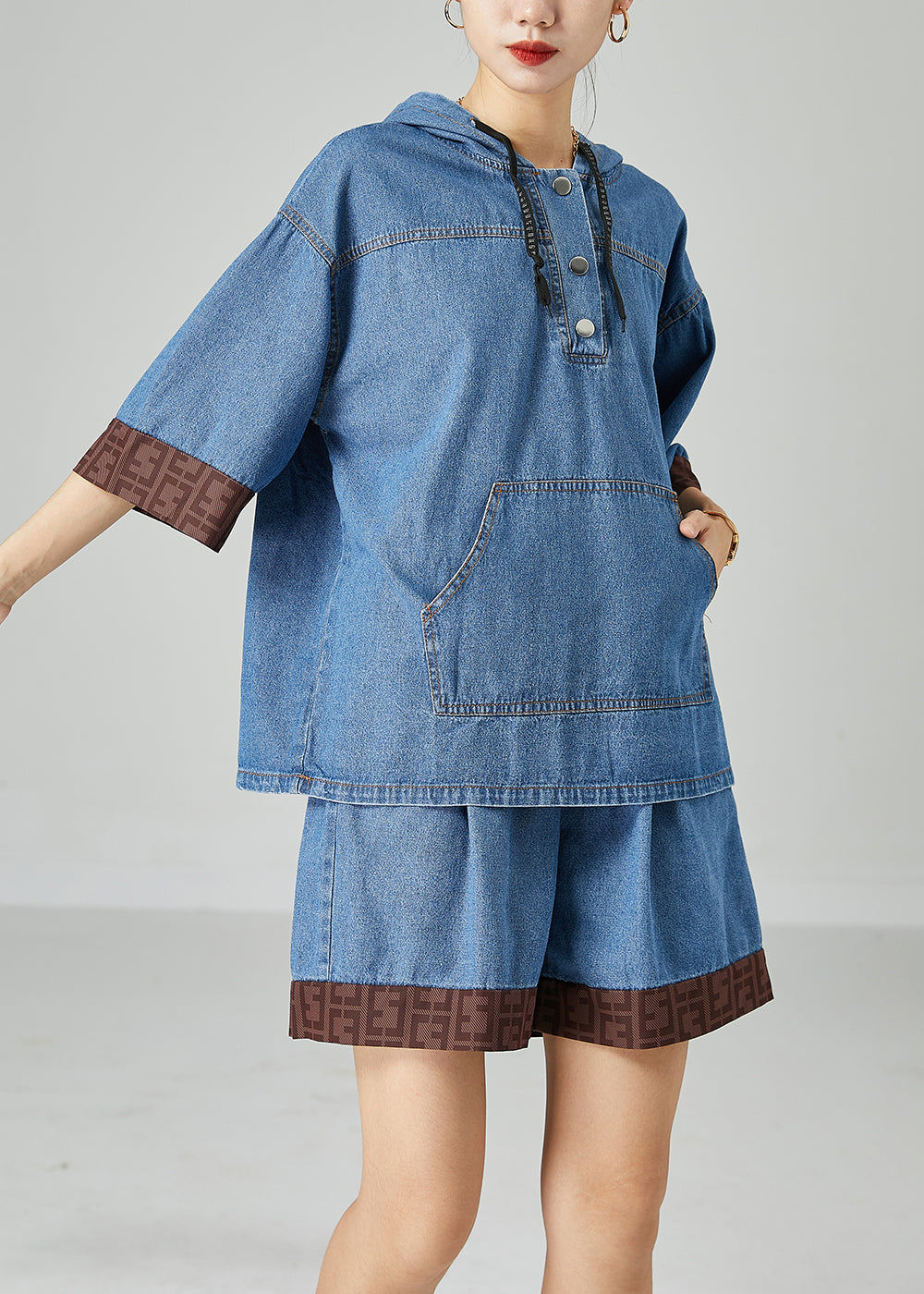 Italien Blue Honed Patchwork Denim Deux pièces Set Summer