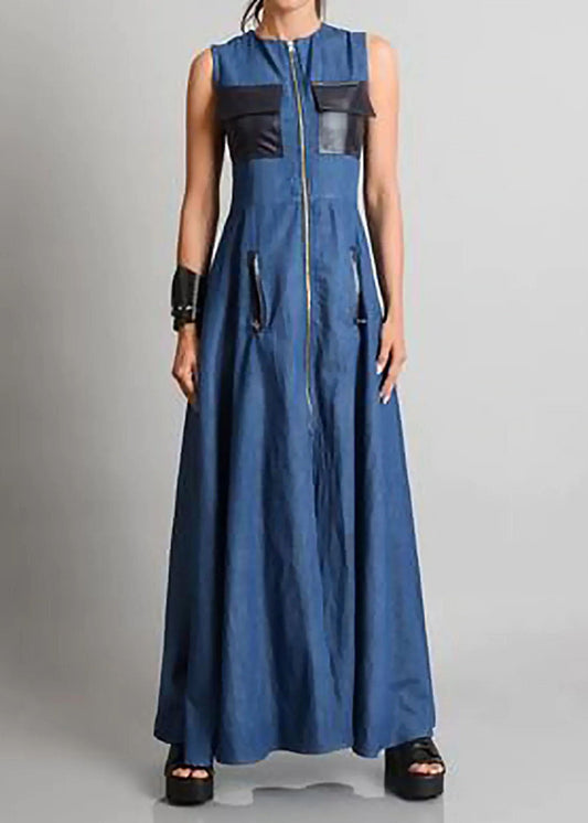 Italien Blue O Nerk Robes de jean maxi zippé au cou