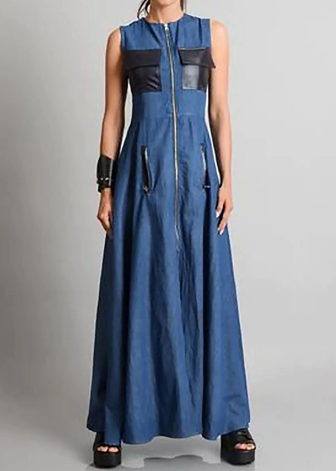 Italien Blue O Nerk Robes de jean maxi zippé au cou