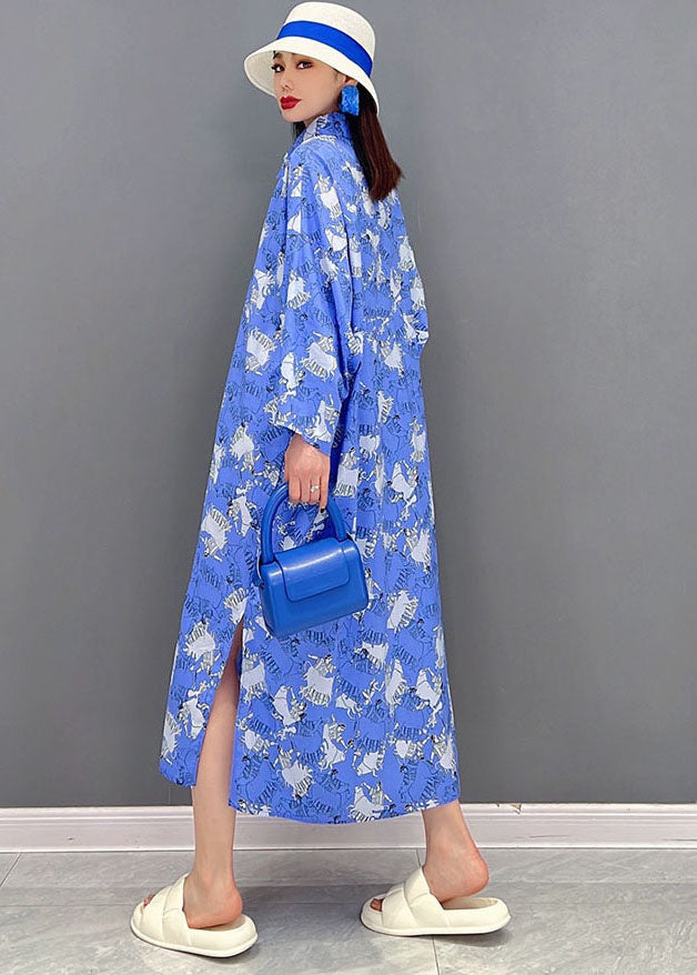 Italian Blue Peter Pan Collar Print Cotton Loose Shirt Dress Long Sleeve