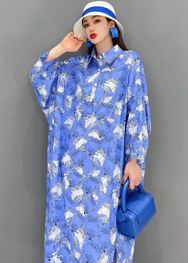 Italian Blue Peter Pan Collar Print Cotton Loose Shirt Dress Long Sleeve