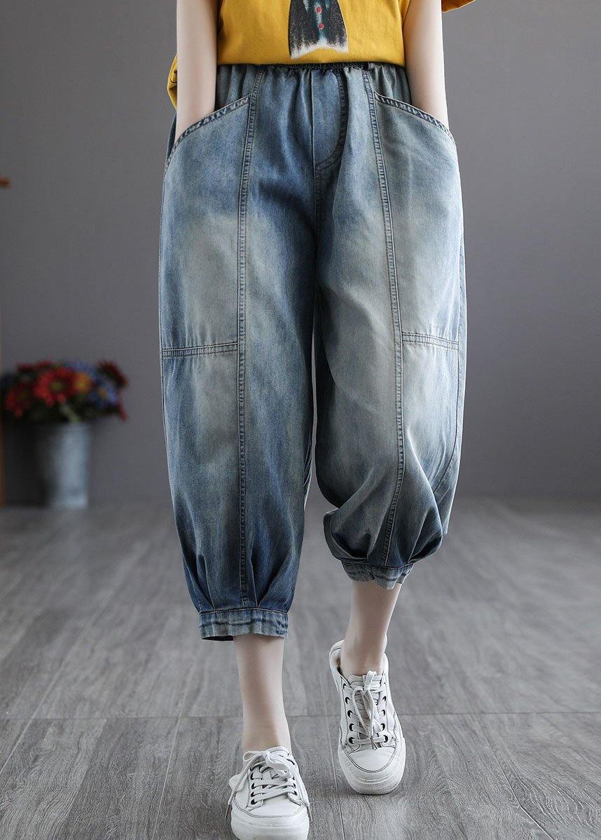 Italian Blue Pockets Elastic Waist Harem Pants denim - SooLinen