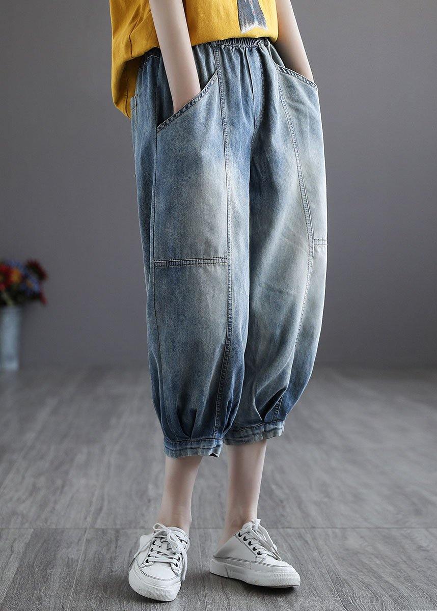 Italian Blue Pockets Elastic Waist Harem Pants denim - SooLinen