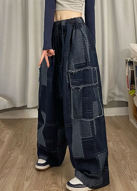 Poches bleues italiennes Patchwork Denim Pantalon de jambe large printemps