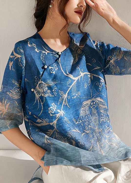 Italian Blue Print Oriental Summer Ramie Shirt Half Sleeve - SooLinen