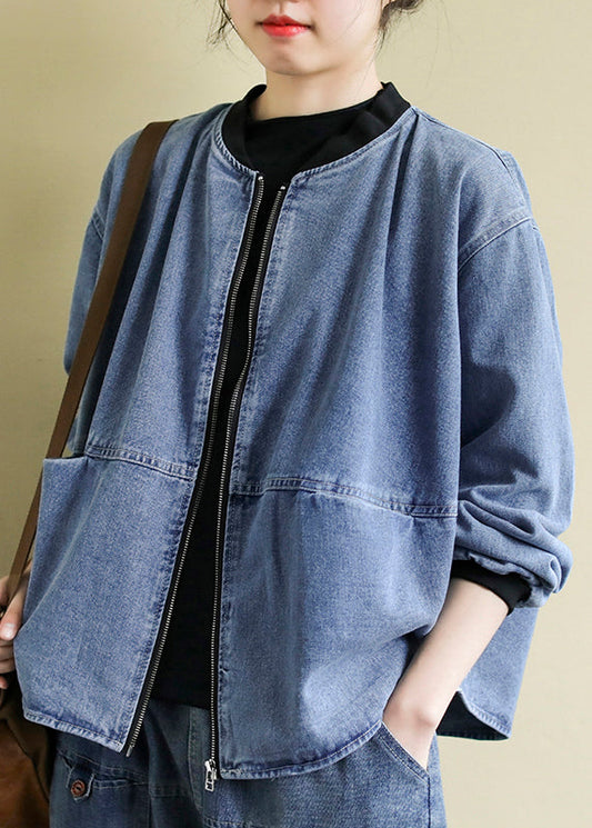 Italien Blue Zip Up Pockets Patchwork Denim Coats Fall