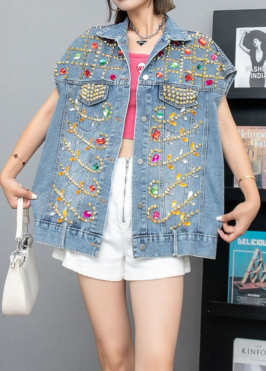 Italien Blue Zircon Rivet Patchwork Denim Vest sans manches