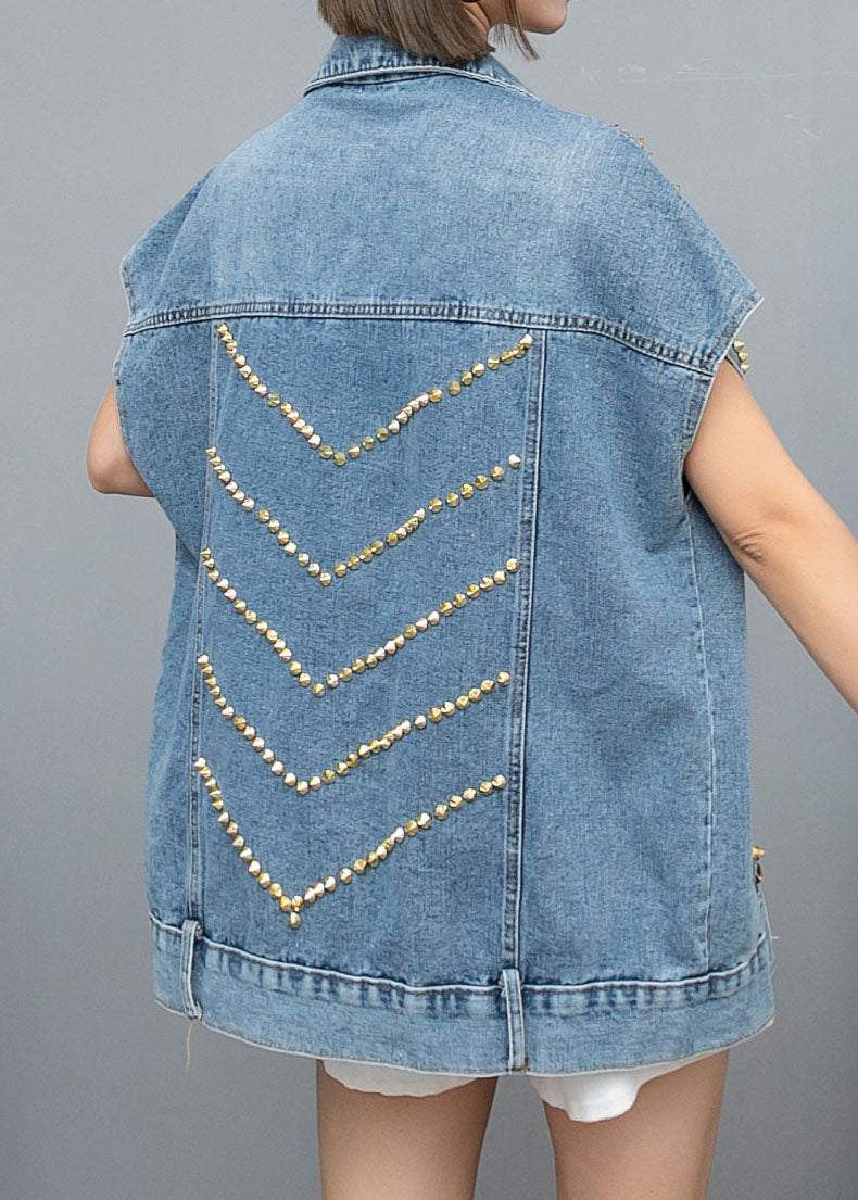 Italien Blue Zircon Rivet Patchwork Denim Vest sans manches