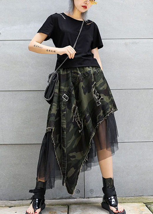 Camouflage italien haute taille denim patchwork tulle asymétrique design jupes d'automne