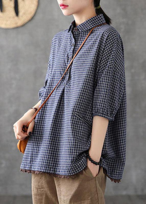 Italian Dark Grey Linen Plaid Summer Patchwork Half Sleeve - SooLinen