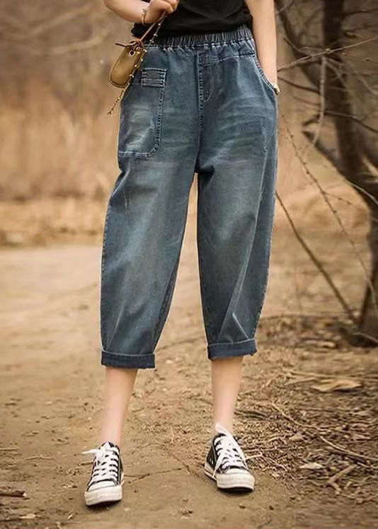 Taille élastique bleu denim italien pantalon asymétrique pantalon de coton d'été