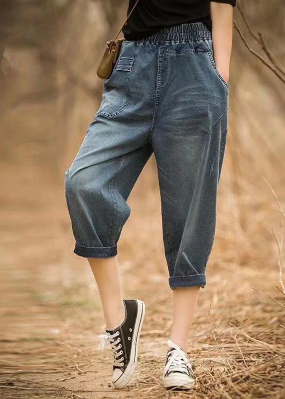 Taille élastique bleu denim italien pantalon asymétrique pantalon de coton d'été