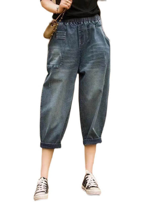 Taille élastique bleu denim italien pantalon asymétrique pantalon de coton d'été